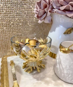 Inspire Me! Home Decor Glass Bowl On Gold Metal Branch Base With Lid