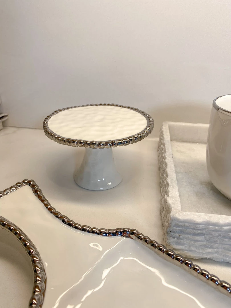 Inspire Me! Home Decor Silver And White Beaded Mini Cupcake Stand/Candle Holder