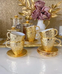 Inspire Me! Home Decor Gold Textured Metal Tea Cup And Saucer With White Interior