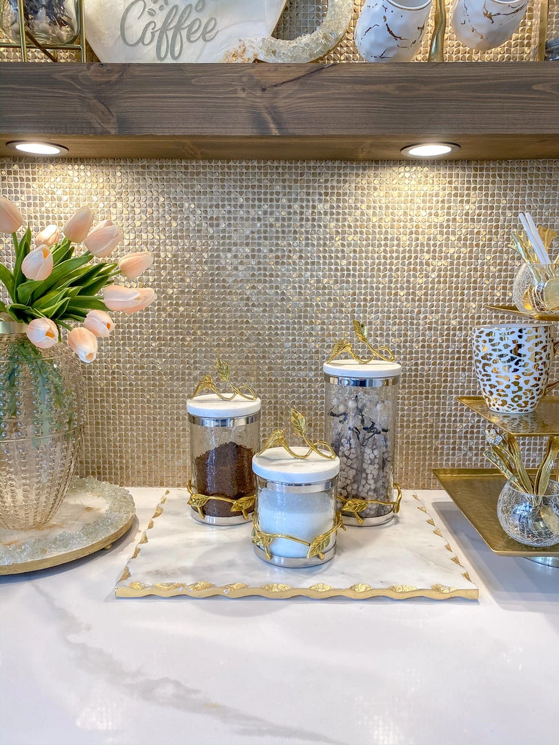 Inspire Me! Home Decor Marble And Gold Metal Leaf Branch Canisters- With Metal Rim (3 Sizes)