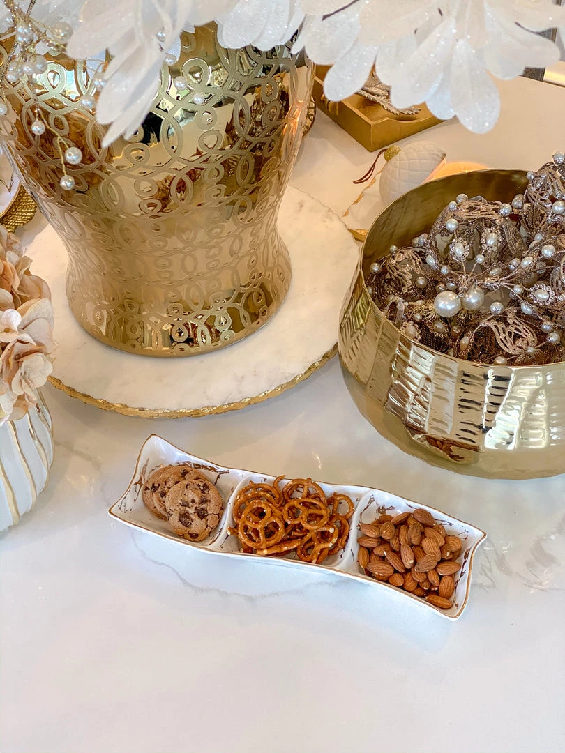 Inspire Me! Home Decor 3 Section Metallic Gold Marble Print Dish