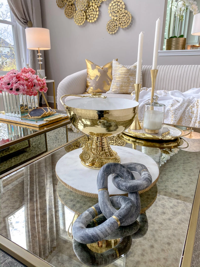 Inspire Me! Home Decor White Marble Round Lazy Susan W/ Gold Textured Edge