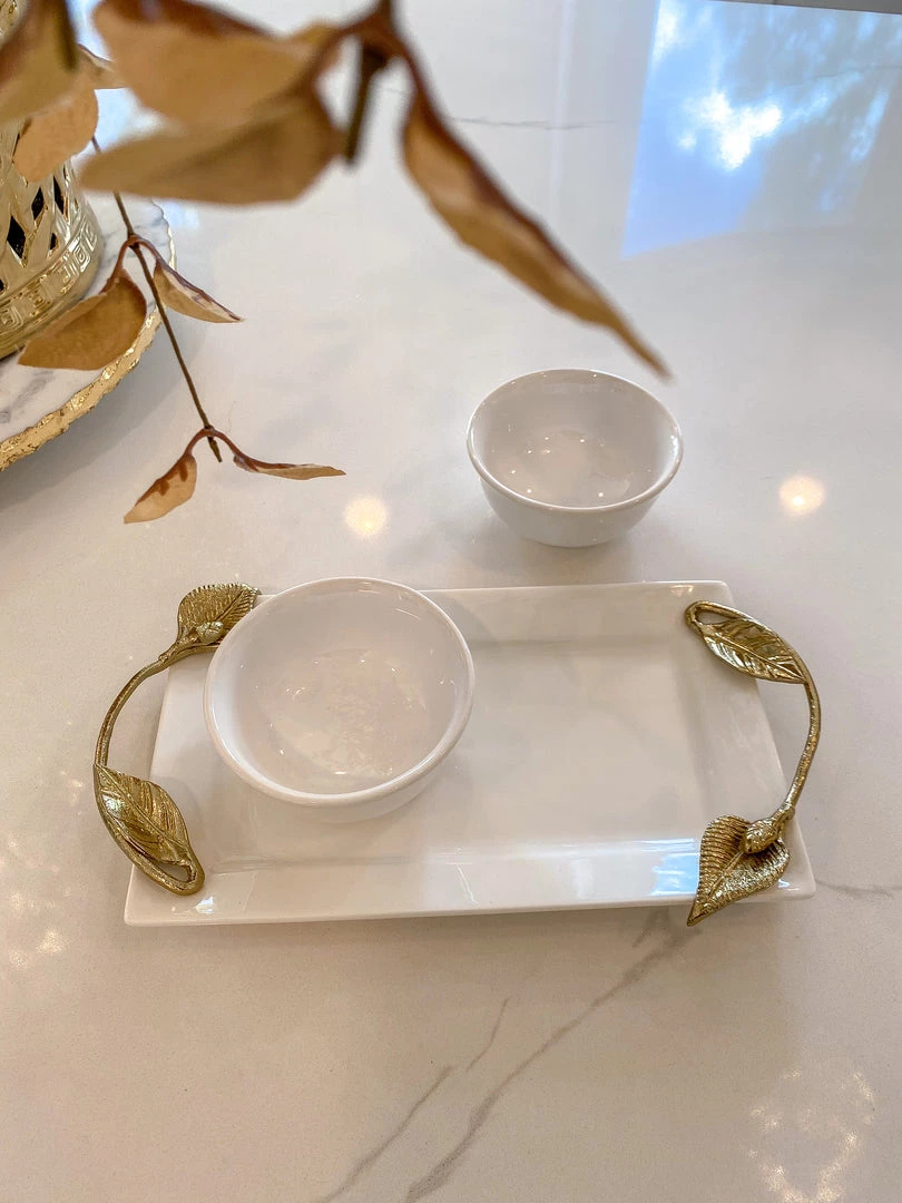 Inspire Me! Home Decor White Ceramic Tray With Serving Bowls And Gold Leaf