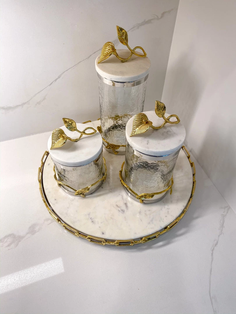Inspire Me! Home Decor Marble And Gold Metal Leaf Branch Canisters- With Metal Rim (3 Sizes)