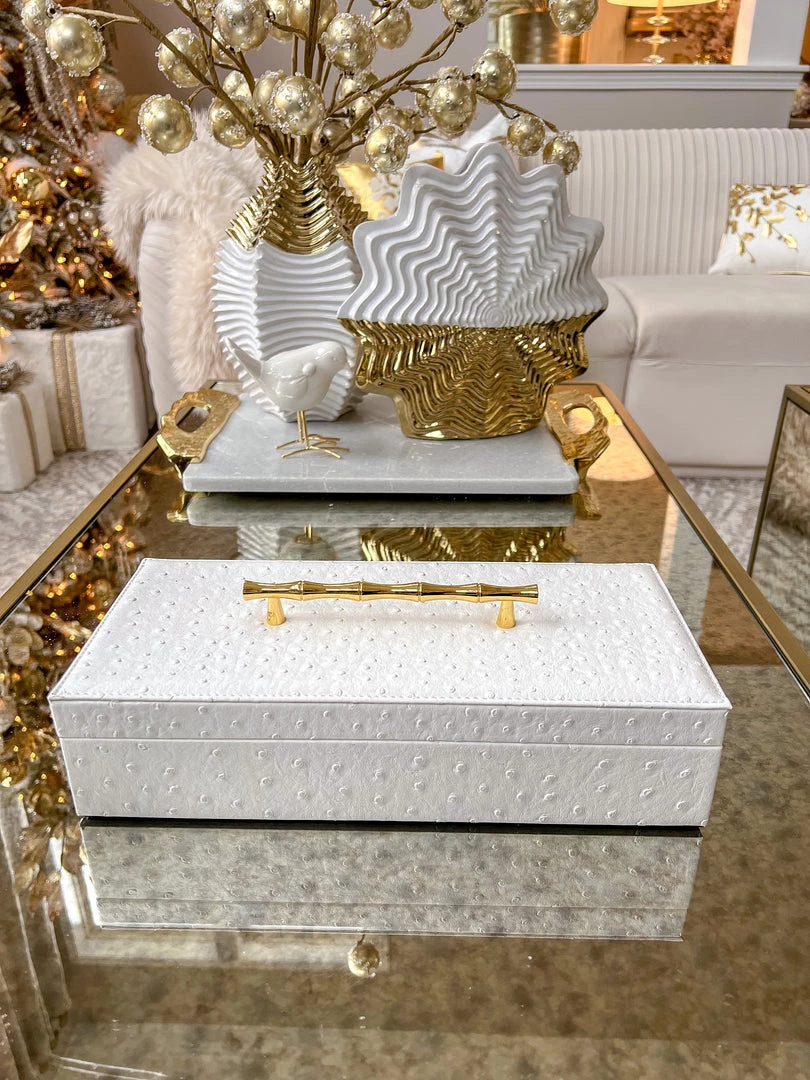 Inspire Me! Home Decor White Faux Leather Lidded Box With Gold Handle