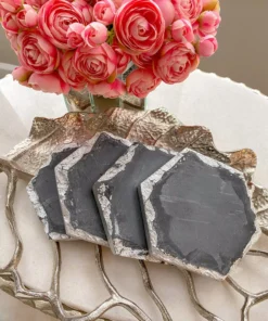Inspire Me! Home Decor Charcoal Grey Marble Hexagon Coasters W/ Silver Edge