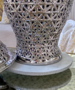 Inspire Me! Home Decor White Marble Round Lazy Susan W/ Silver Textured Edge