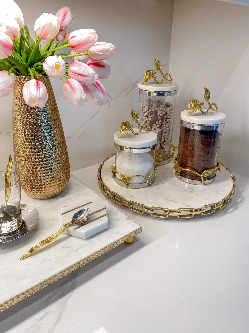 Inspire Me! Home Decor Marble And Gold Metal Leaf Branch Canisters- With Metal Rim (3 Sizes)