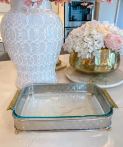 Inspire Me! Home Decor Silver Pyrex Holder With Gold Mosaic Handles And Pyrex