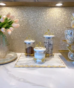 Inspire Me! Home Decor Marble And Gold Metal Leaf Branch Canisters- With Metal Rim (3 Sizes)