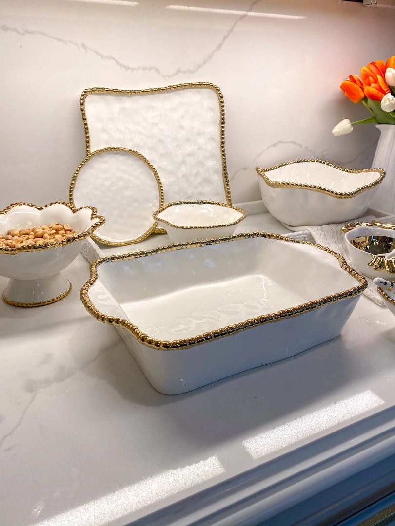 Inspire Me! Home Decor Gold And White Beaded Square Platter