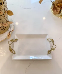 Inspire Me! Home Decor White Ceramic Tray With Gold Leaf Handles