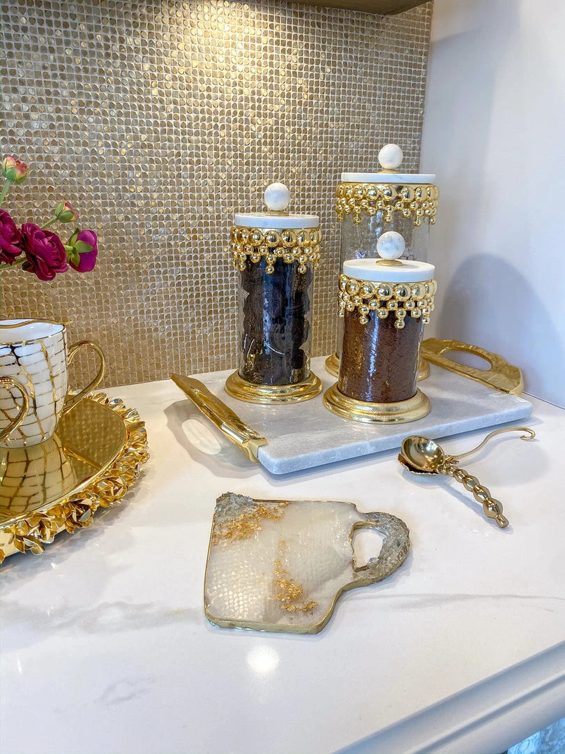 Inspire Me! Home Decor Gold Beaded Canisters W/ Marble Lid (3 Sizes)