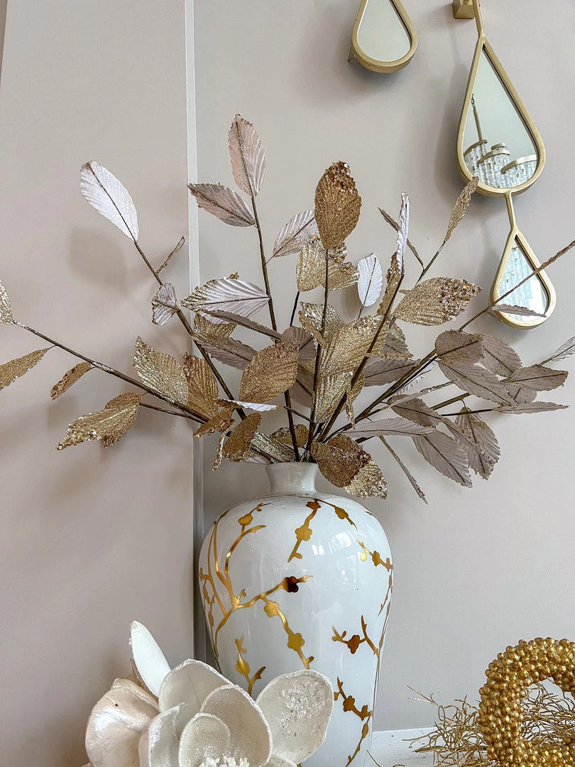 Inspire Me! Home Decor Floral Stems Gold And White Leaf Stem With Bead Detail
