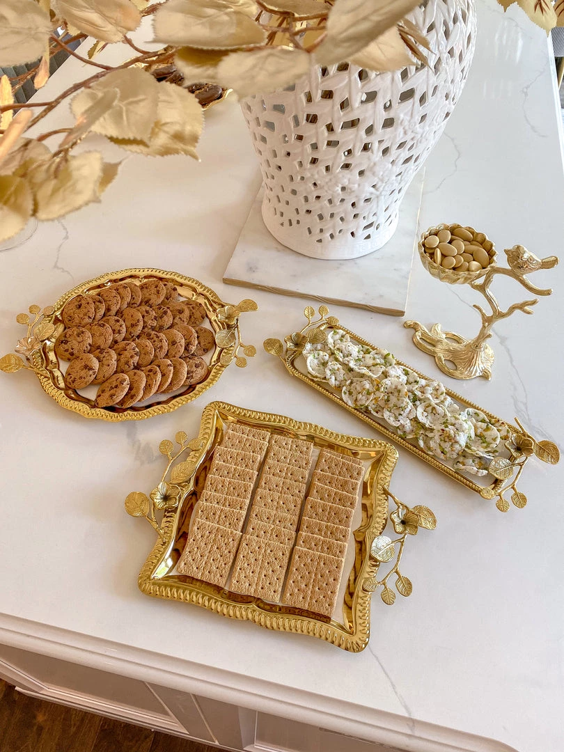 Inspire Me! Home Decor Rectangle Gold Floral Tray With White Enamel Interior