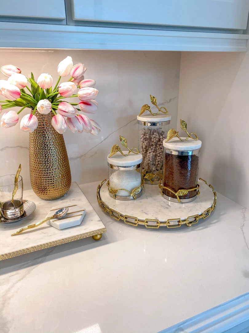 Inspire Me! Home Decor Marble And Gold Metal Leaf Branch Canisters- With Metal Rim (3 Sizes)
