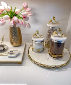 Inspire Me! Home Decor Marble And Gold Metal Leaf Branch Canisters- With Metal Rim (3 Sizes)