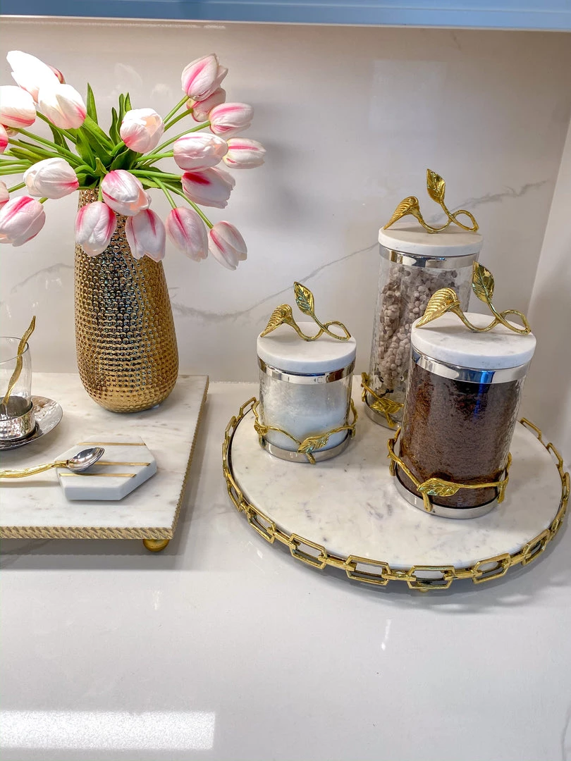 Inspire Me! Home Decor Marble And Gold Metal Leaf Branch Canisters- With Metal Rim (3 Sizes)