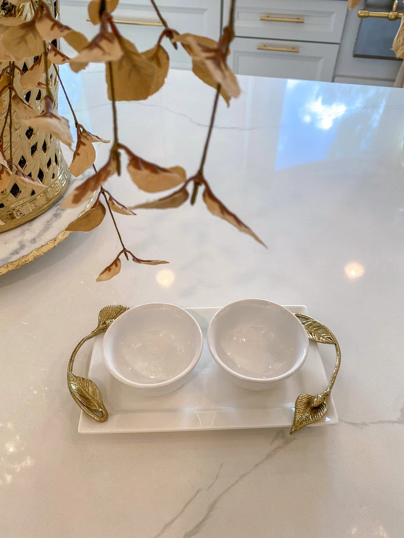 Inspire Me! Home Decor White Ceramic Tray With Serving Bowls And Gold Leaf