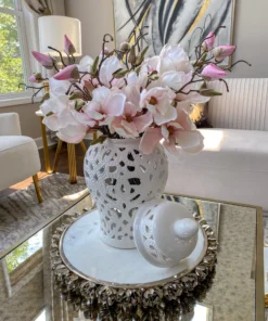 Inspire Me! Home Decor Round Marble Tray With Silver Floral Edge