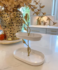 Inspire Me! Home Decor White Ceramic Two Tier Cake Stand With Gold Leaf Details