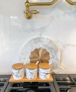 Inspire Me! Home Decor (Set Of 3) Metallic Gold Marble Print Spice Jars With Spoons And Wooden Lid With Tray