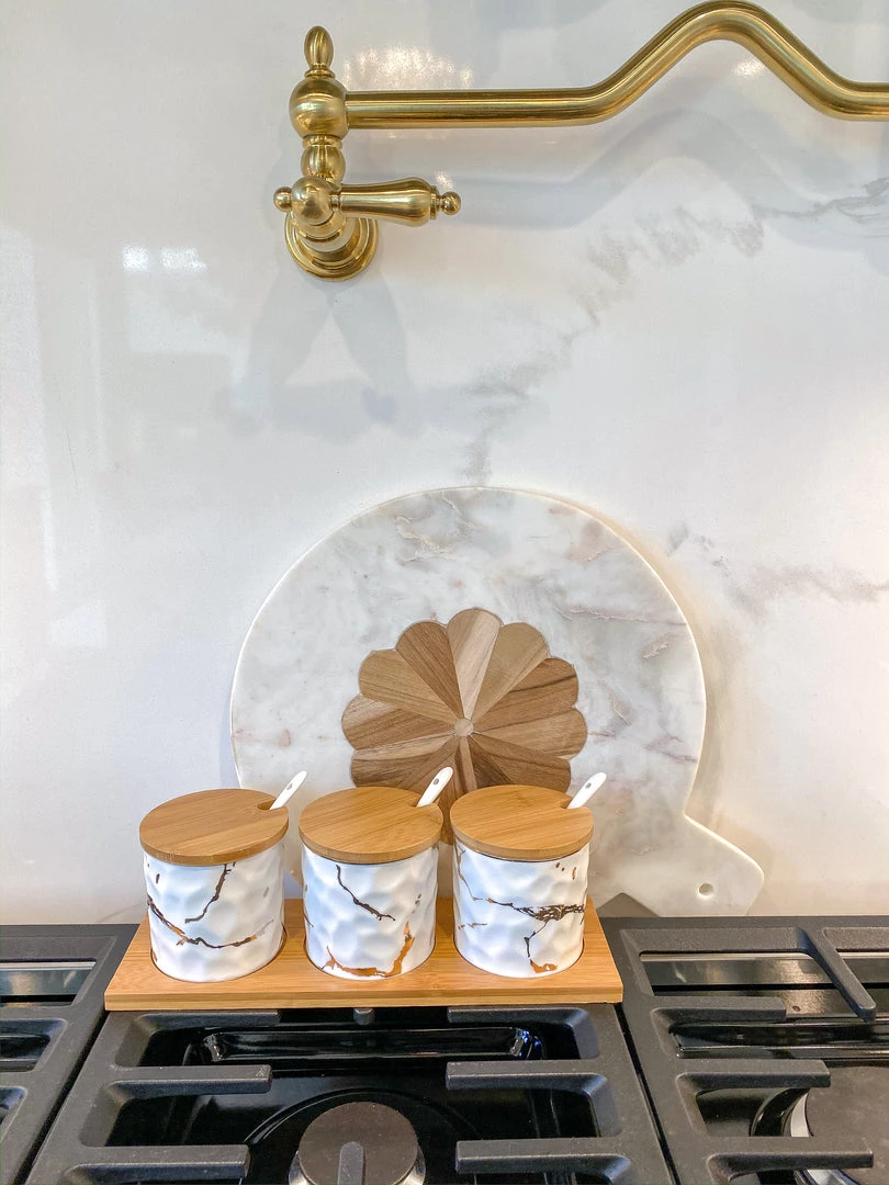 Inspire Me! Home Decor (Set Of 3) Metallic Gold Marble Print Spice Jars With Spoons And Wooden Lid With Tray