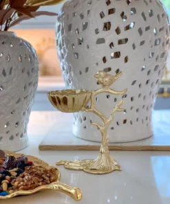 Inspire Me! Home Decor Snack Bowl On Gold Tree Stand With Bird
