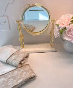 Inspire Me! Home Decor Round Table Mirror With Leaf Design Border And Marble Base (2 Colors) Gold