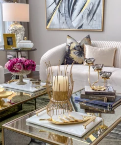 Inspire Me! Home Decor Gold Metal And Marble Hurricane Candle Holder