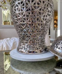 Inspire Me! Home Decor White Marble Round Lazy Susan W/ Silver Textured Edge