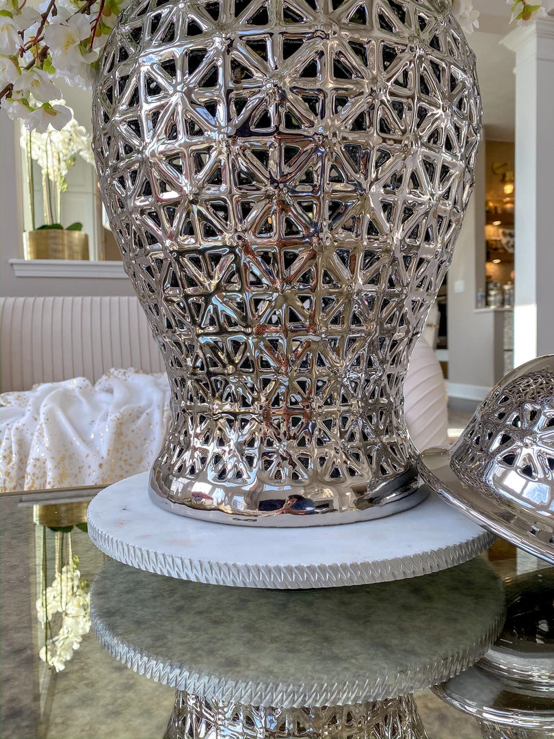 Inspire Me! Home Decor White Marble Round Lazy Susan W/ Silver Textured Edge