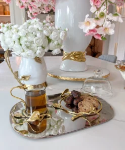 Inspire Me! Home Decor Silver Metal Oval Tray With Glass Mug & Cake Dome And Gold Leaf Details