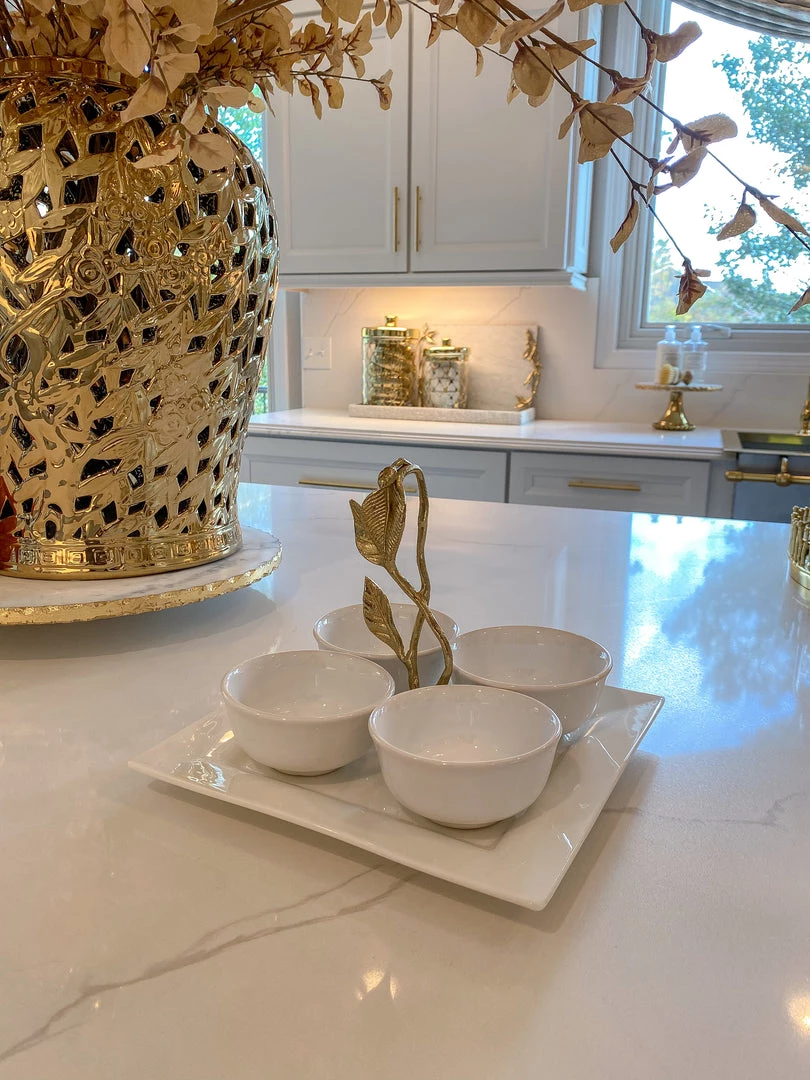 Inspire Me! Home Decor White Ceramic Serving Tray With 4 Bowls And Gold Leaf