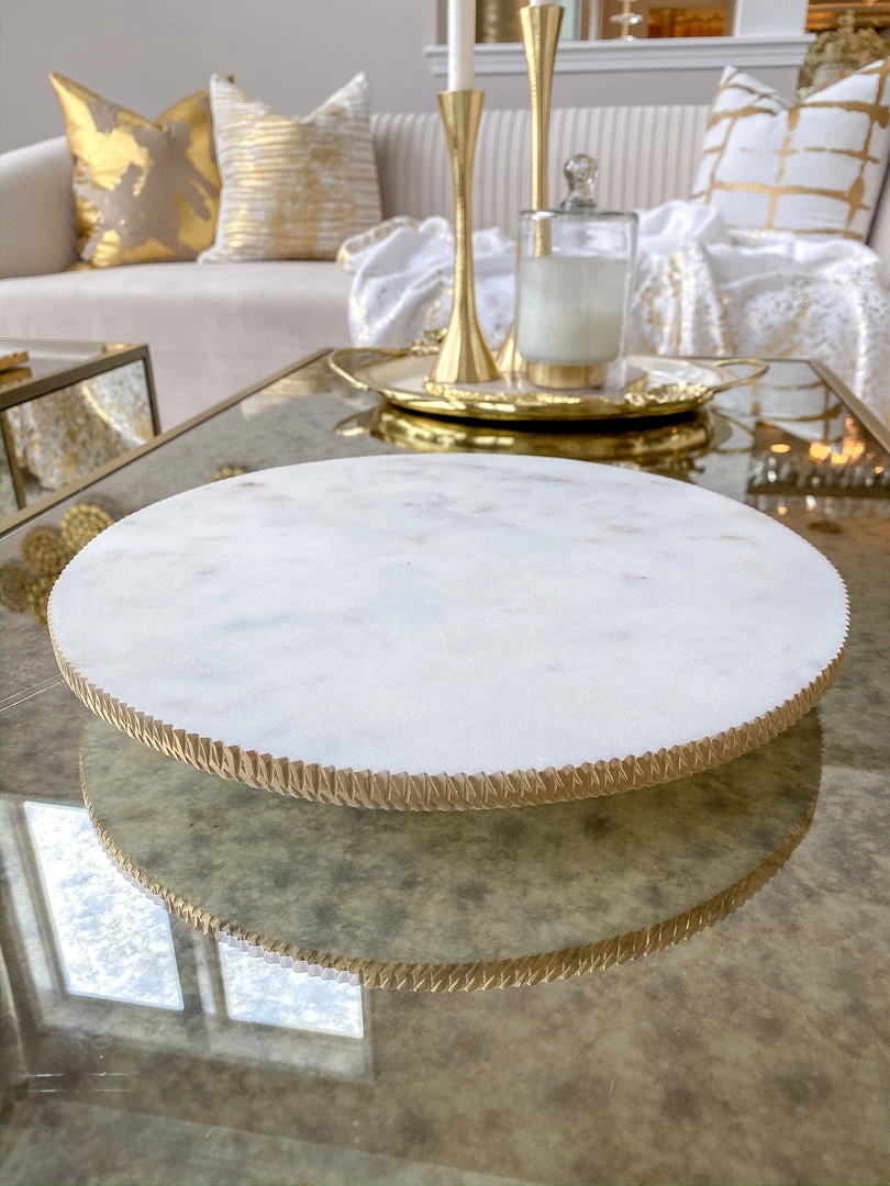 Inspire Me! Home Decor White Marble Round Lazy Susan W/ Gold Textured Edge