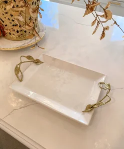 Inspire Me! Home Decor White Ceramic Tray With Gold Leaf Handles