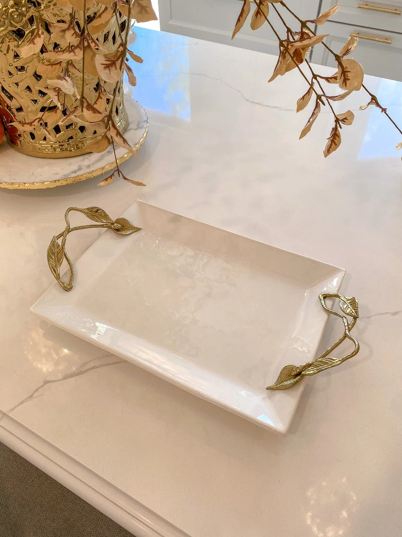 Inspire Me! Home Decor White Ceramic Tray With Gold Leaf Handles