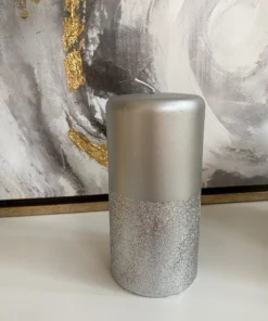 Inspire Me! Home Decor Silver Pillar Candle With Silver Glitter Band