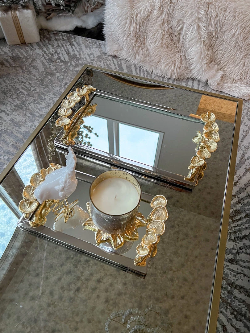 Inspire Me! Home Decor Rectangular Mirror Tray With Silver Border And Gold Leaf Design (2 Sizes)