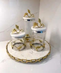 Inspire Me! Home Decor Marble And Gold Metal Leaf Branch Canisters- With Metal Rim (3 Sizes)