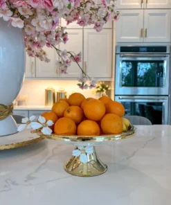 Inspire Me! Home Decor Gold And White Cake Stand With White Jeweled Flower Details