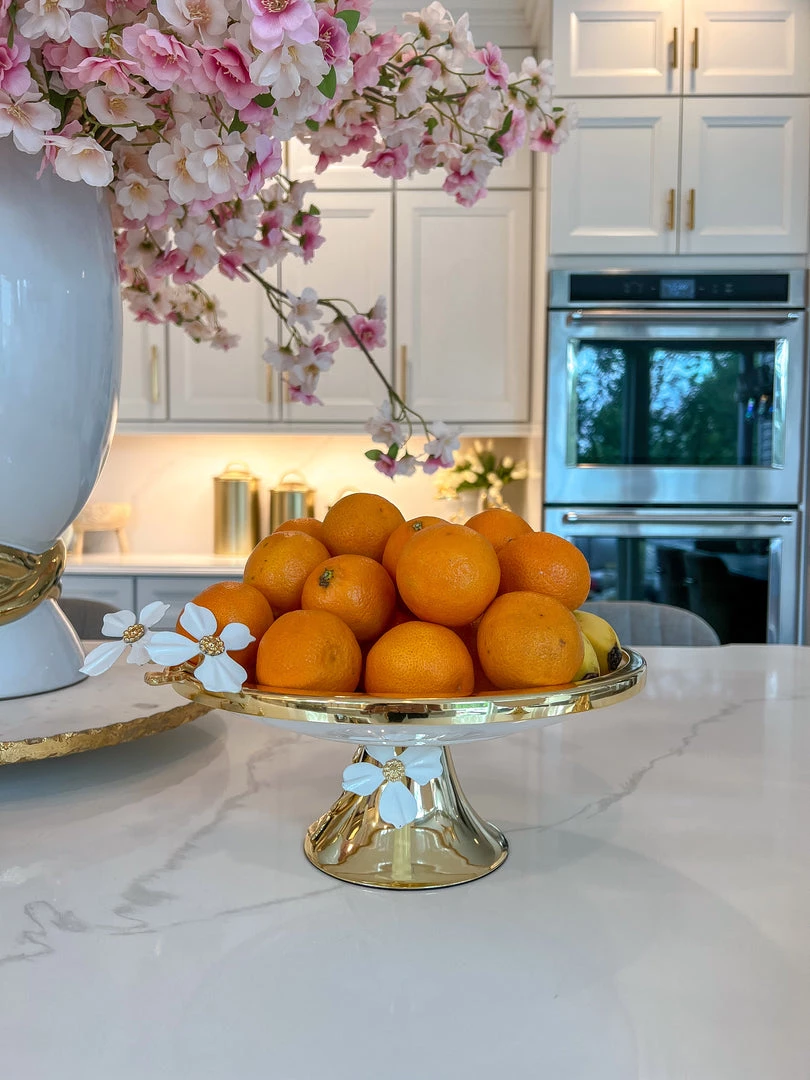 Inspire Me! Home Decor Gold And White Cake Stand With White Jeweled Flower Details