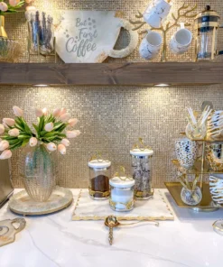 Inspire Me! Home Decor Marble And Gold Metal Leaf Branch Canisters- With Metal Rim (3 Sizes)