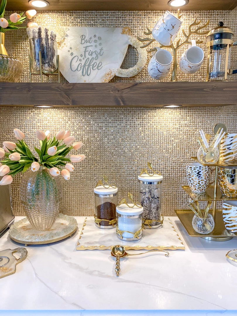 Inspire Me! Home Decor Marble And Gold Metal Leaf Branch Canisters- With Metal Rim (3 Sizes)