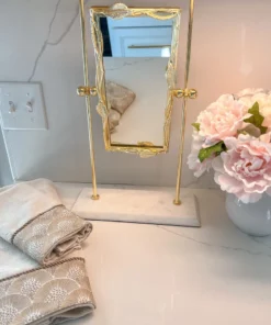 Inspire Me! Home Decor Gold Rectangle Table Mirror With Leaf Border Design And Marble Base