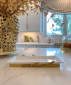 Inspire Me! Home Decor White Ceramic Tray With Gold Base And Leaf Detail