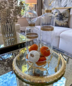 Inspire Me! Home Decor Large Round Glass Tray With Gold Handles And Ruffled Edge