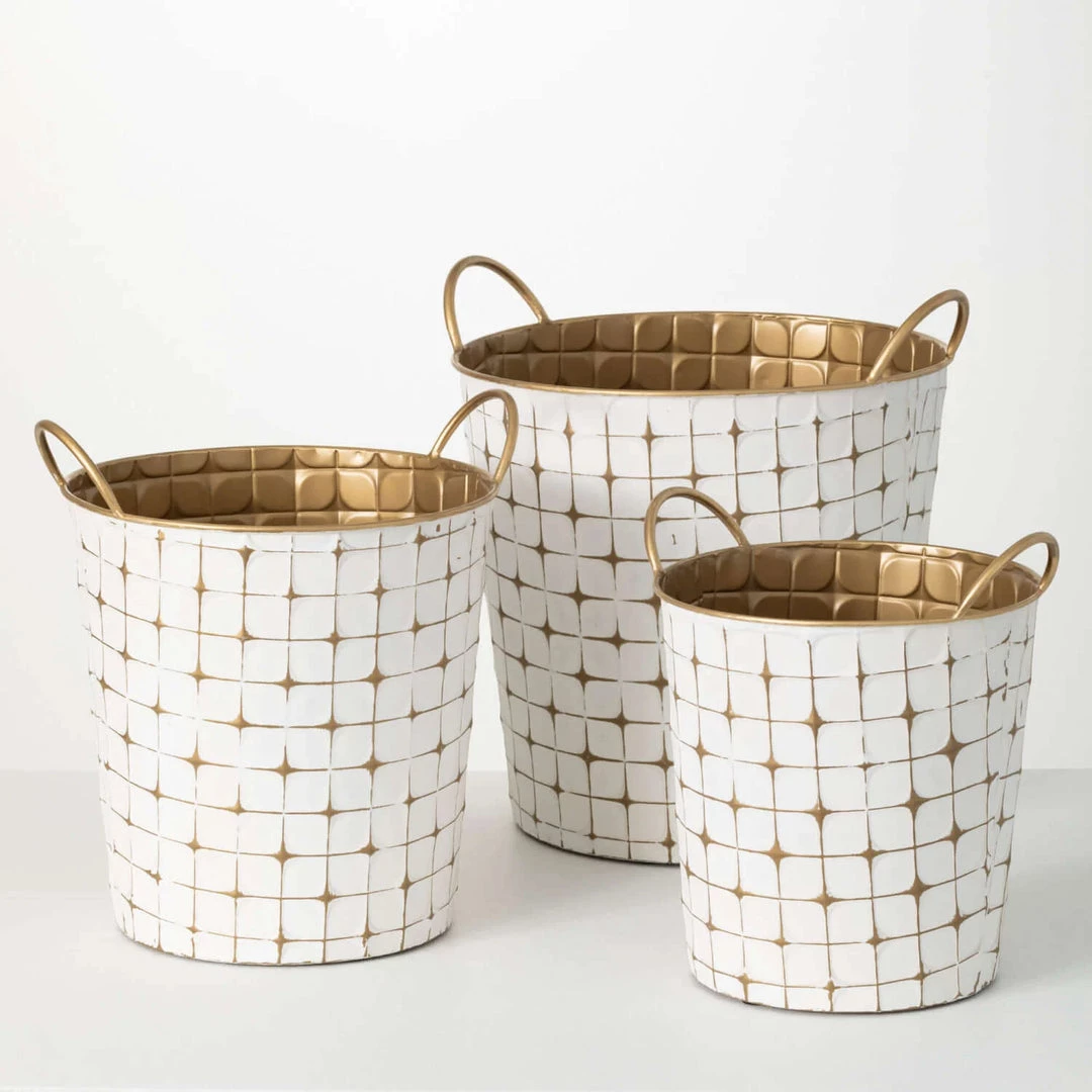 Inspire Me! Home Decor Indoor/Outdoor Gold And White Etched Planters (3 Sizes)