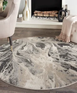 Nourison Elegance Round Area Rug - Grey/Charcoal/Beige (3 Sizes) PILLOWS, RUGS, & THROWS